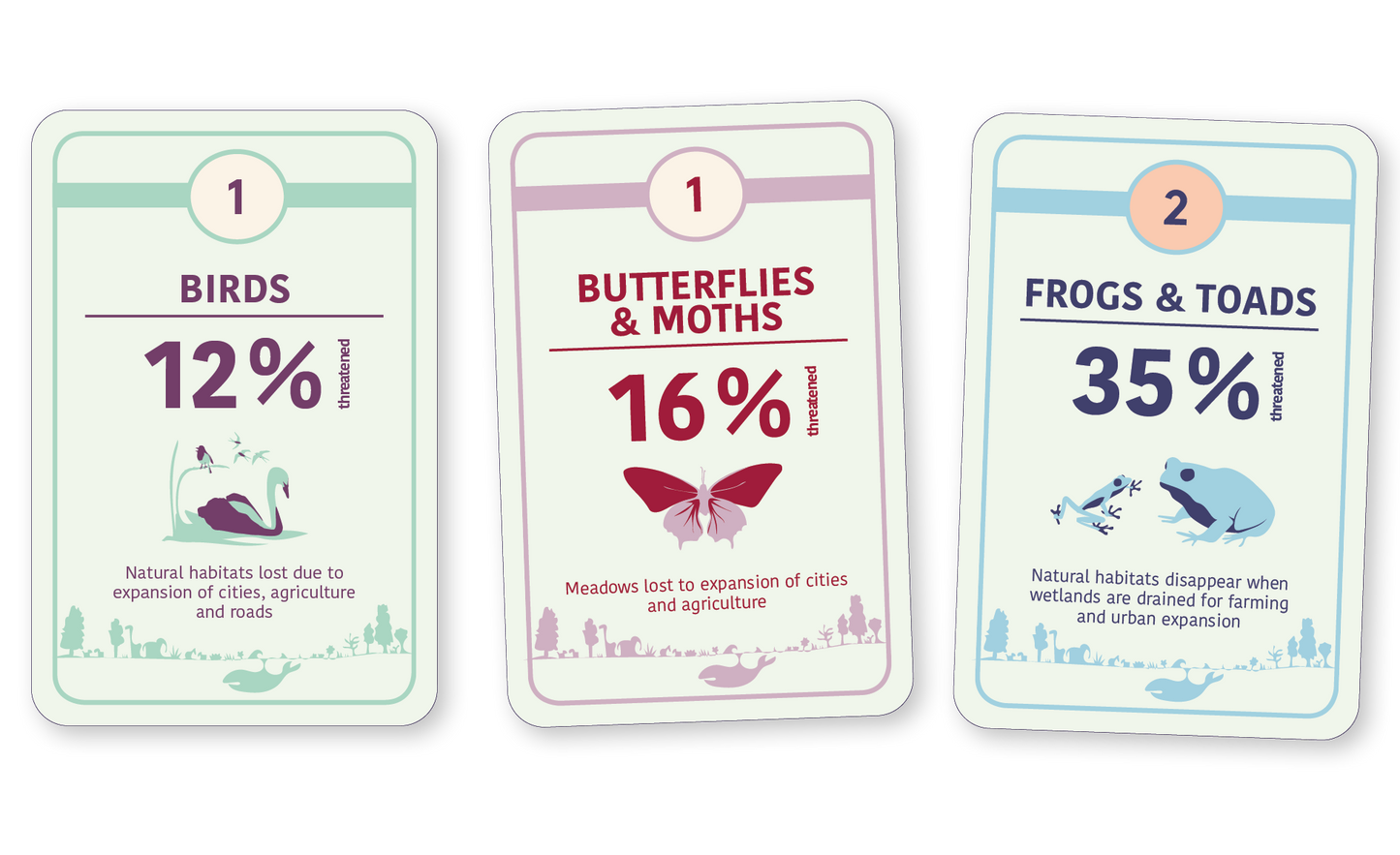 Three cards from the card game Biodiversity Call (backsides)