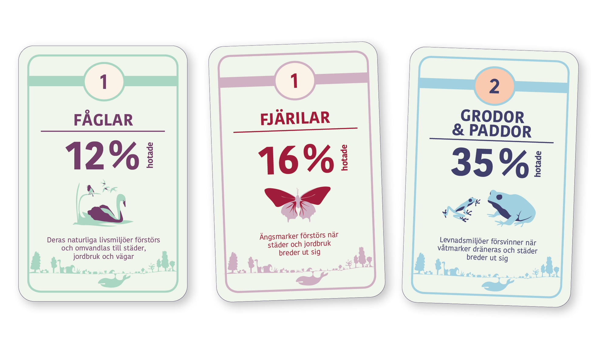 Tre kort från kortspelet Artkoll ett lärorikt spel om biologisk mångfald