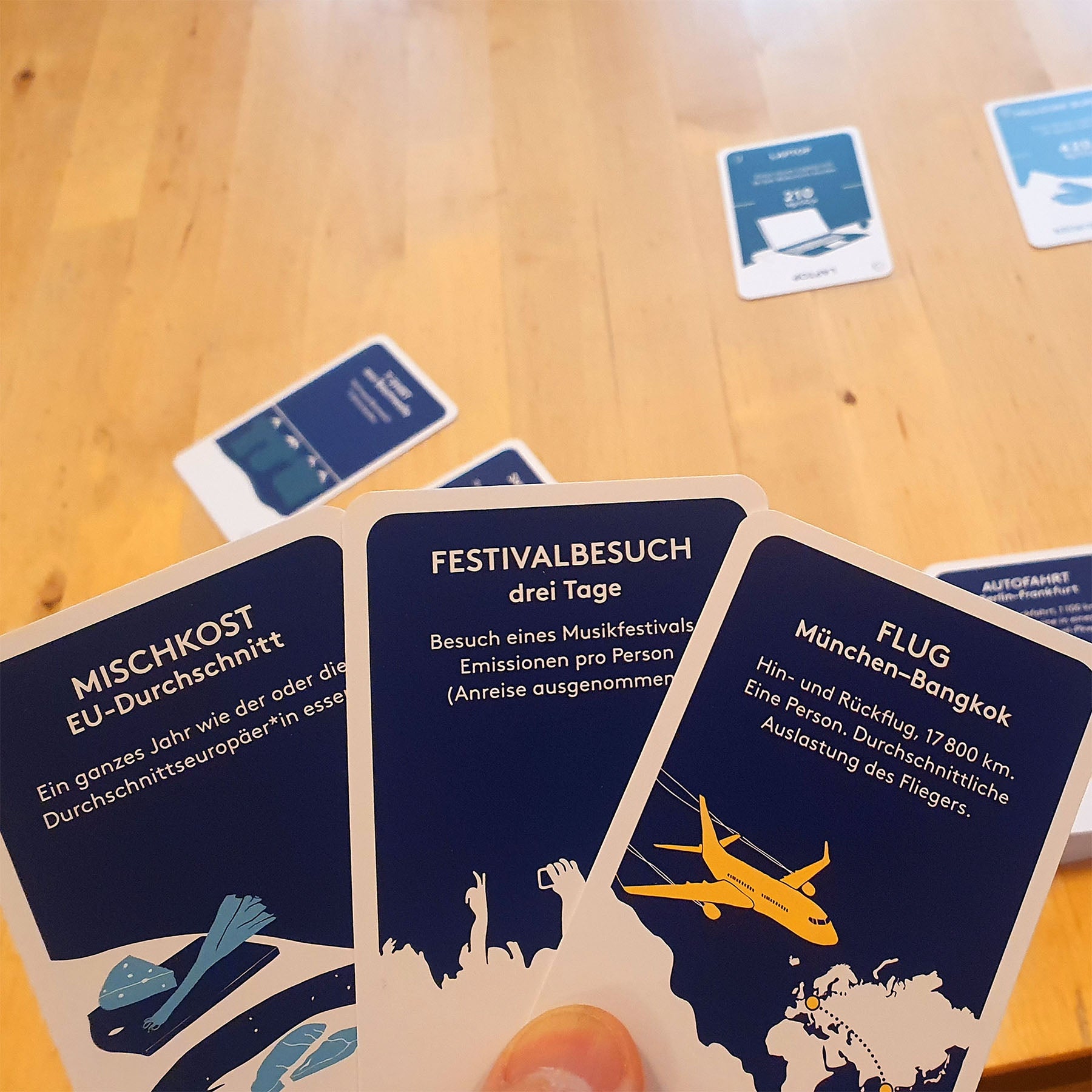 Kartenspiel Klimakompass Lehrkräfte-Set Klimaauswirkungen Flug Festivalbesuch Essen Mischkost - 5 Spiele für den Unterricht